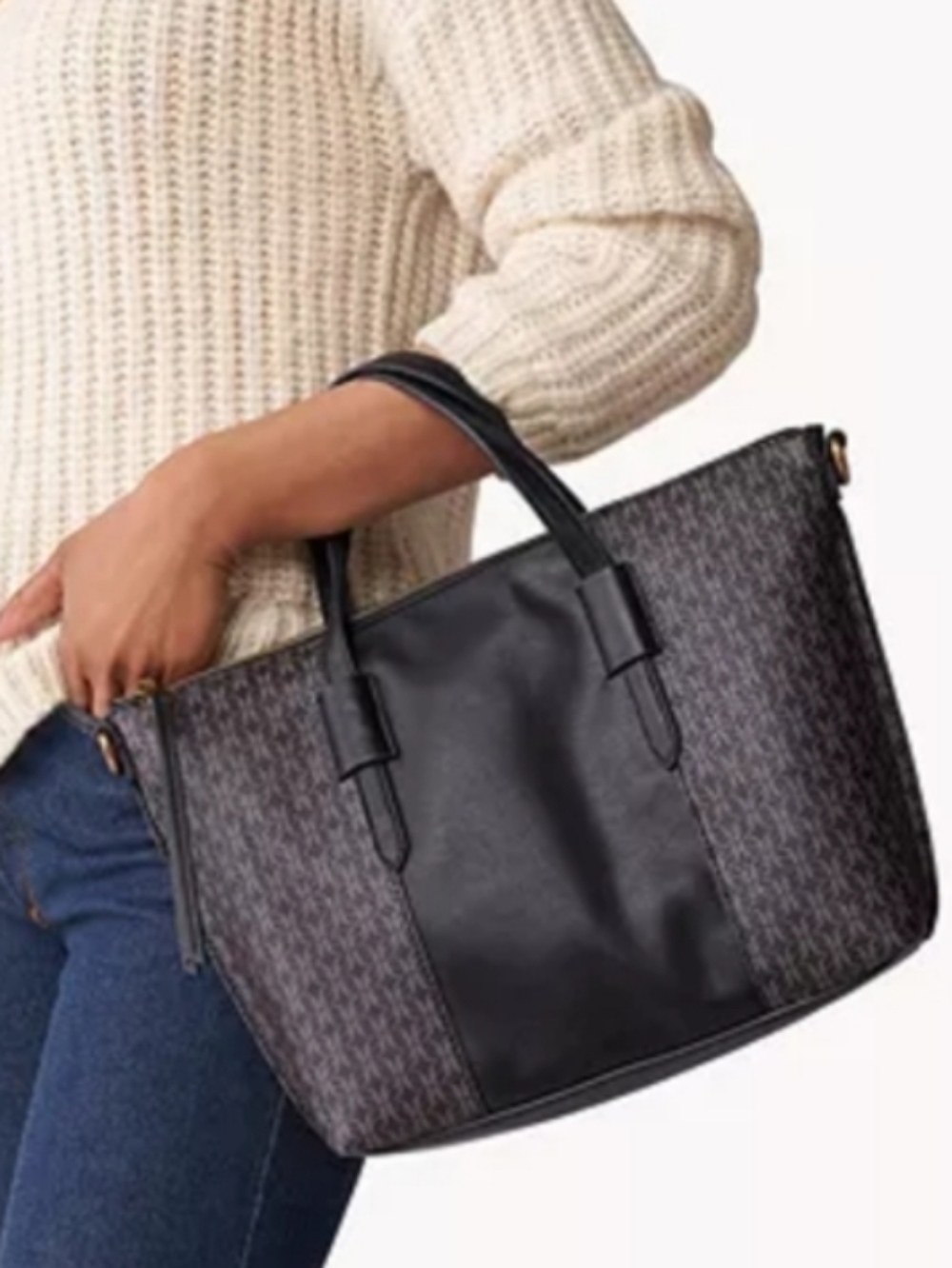 Fossil Skylar Satchel Bag Black Brown Signature Faux Leather Crossbody Bag